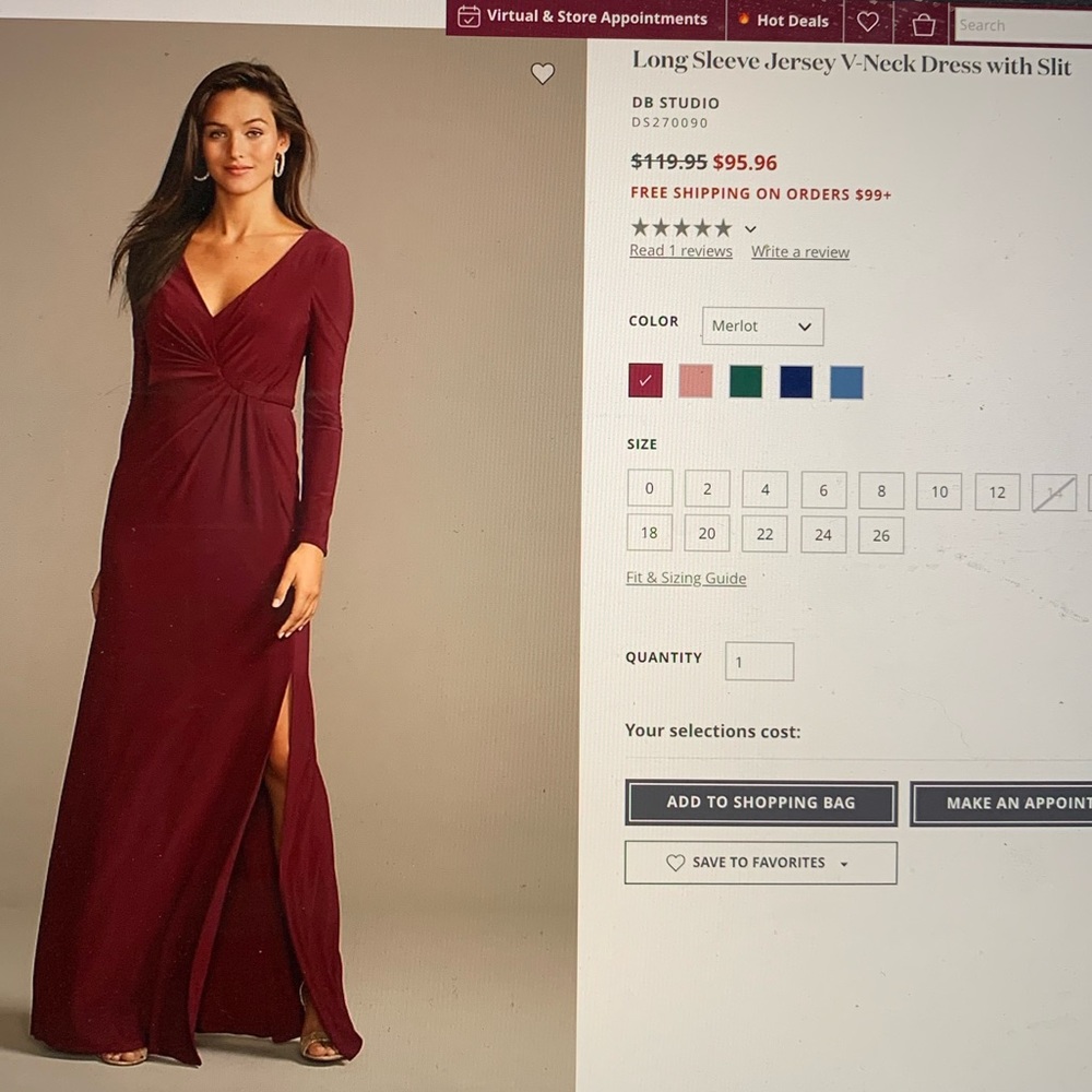 David’s Bridal Long Sleeve V Neck Jersey Dress